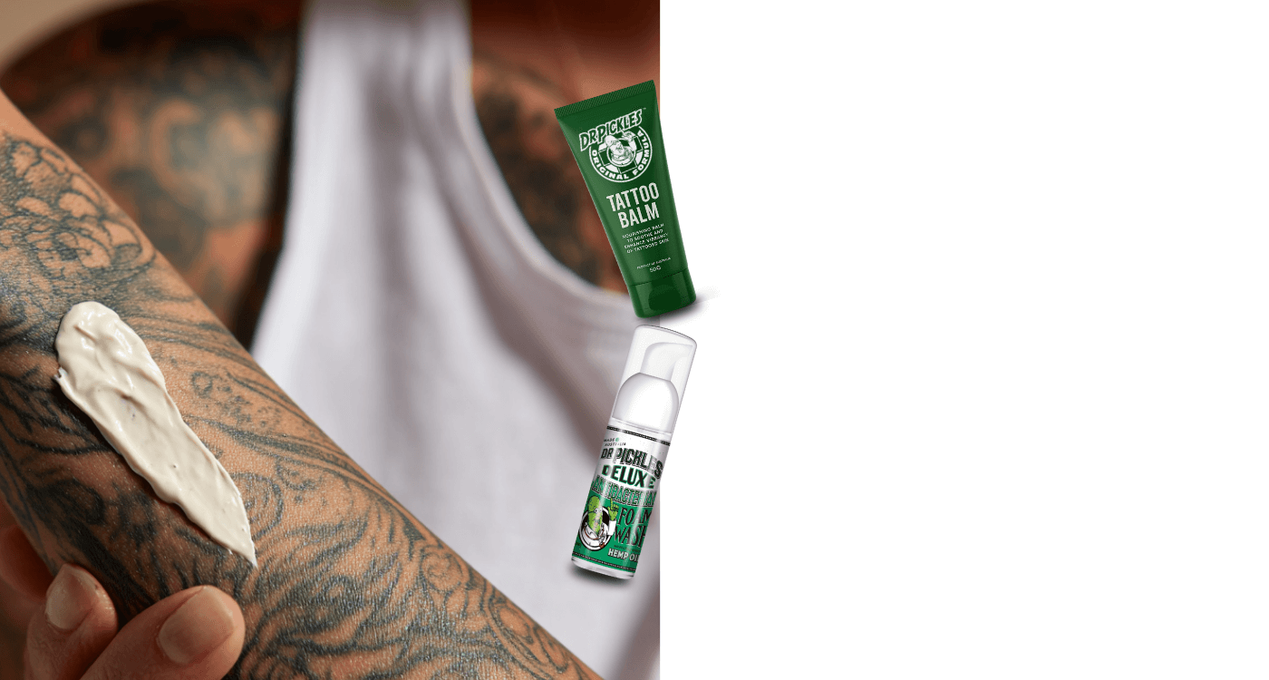 Tattoo care products including a balm and spray on a white background